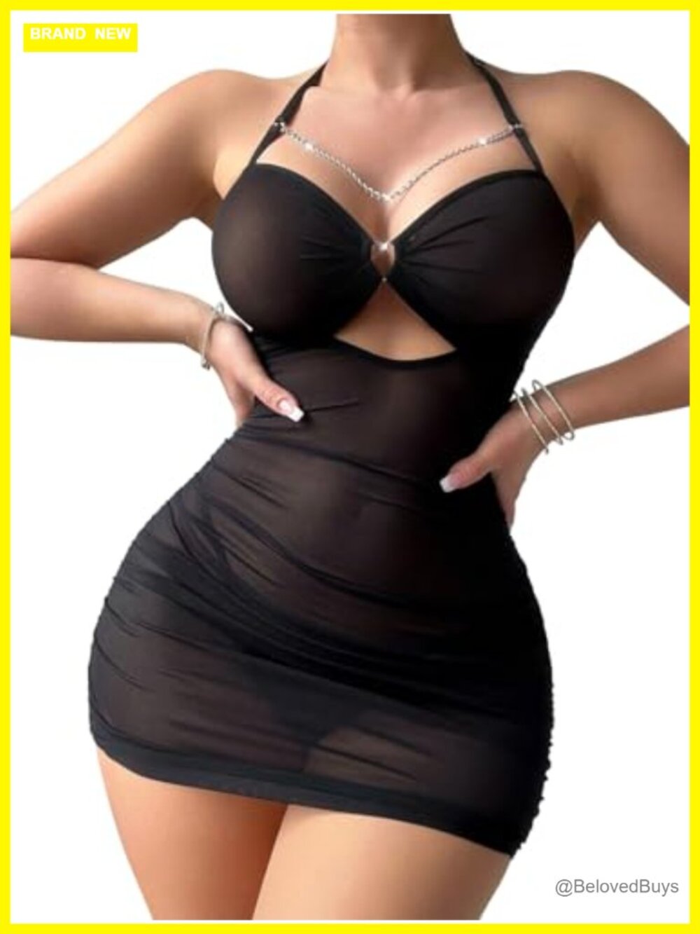 Foxiny Ruched Bodycon Halter Dress Backless Rhinestone See-Through - Picture 3 of 4